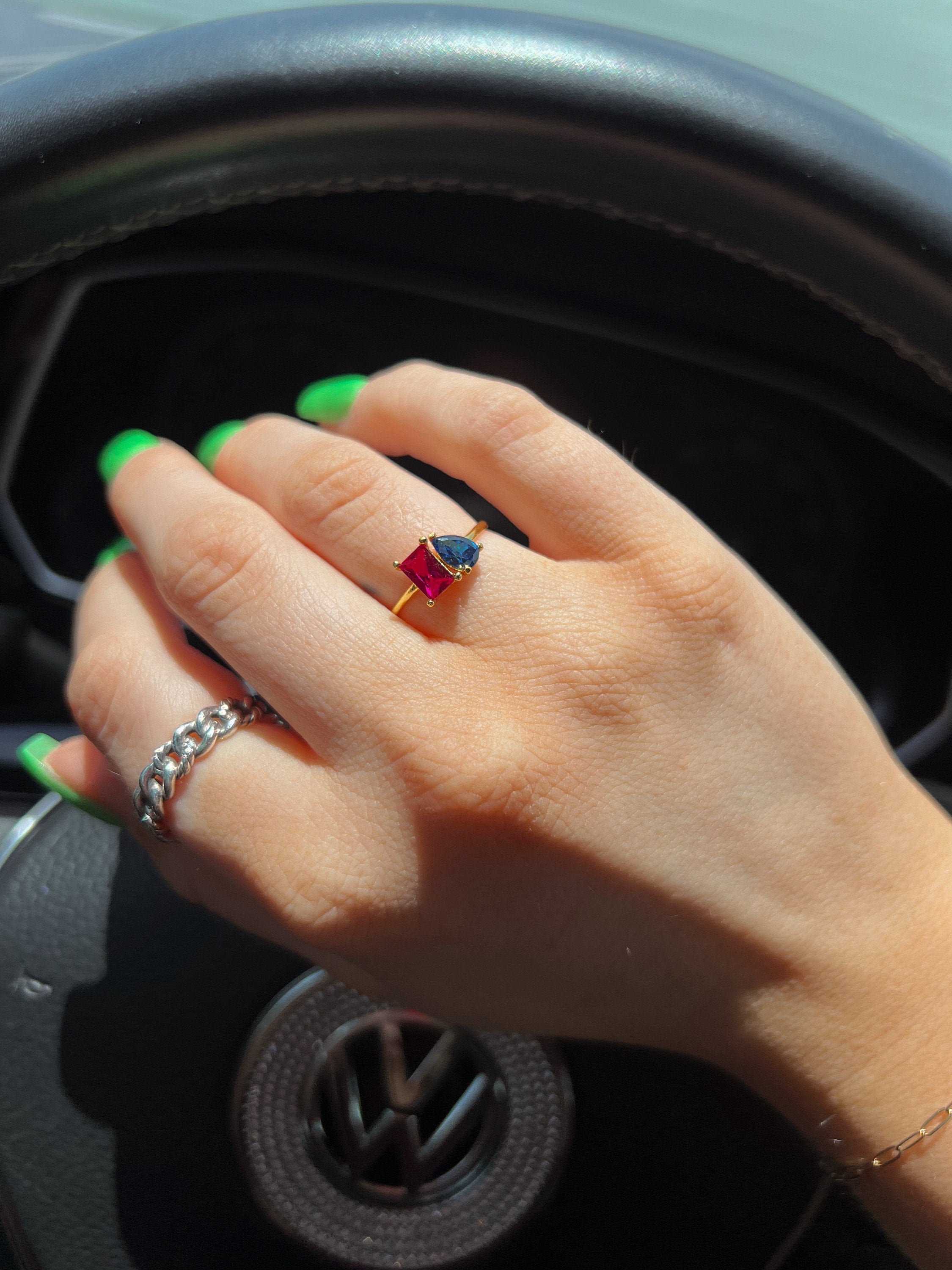 Emerald & Pear Cut Birthstone Ring by Caitlyn Minimalist • Custom Toi et Moi Gemstone Ring • Vintage Jewelry • Perfect Couples Gift • RM124