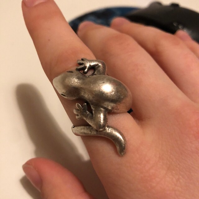 Bague Réglable Argent Et Cuir Lézard Prune - Bijou Vintage, Alliage, Taille Ajustable - Occasion Parfait état