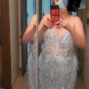 Sleeveless Sequin Beaded And Feather Embellished Gown