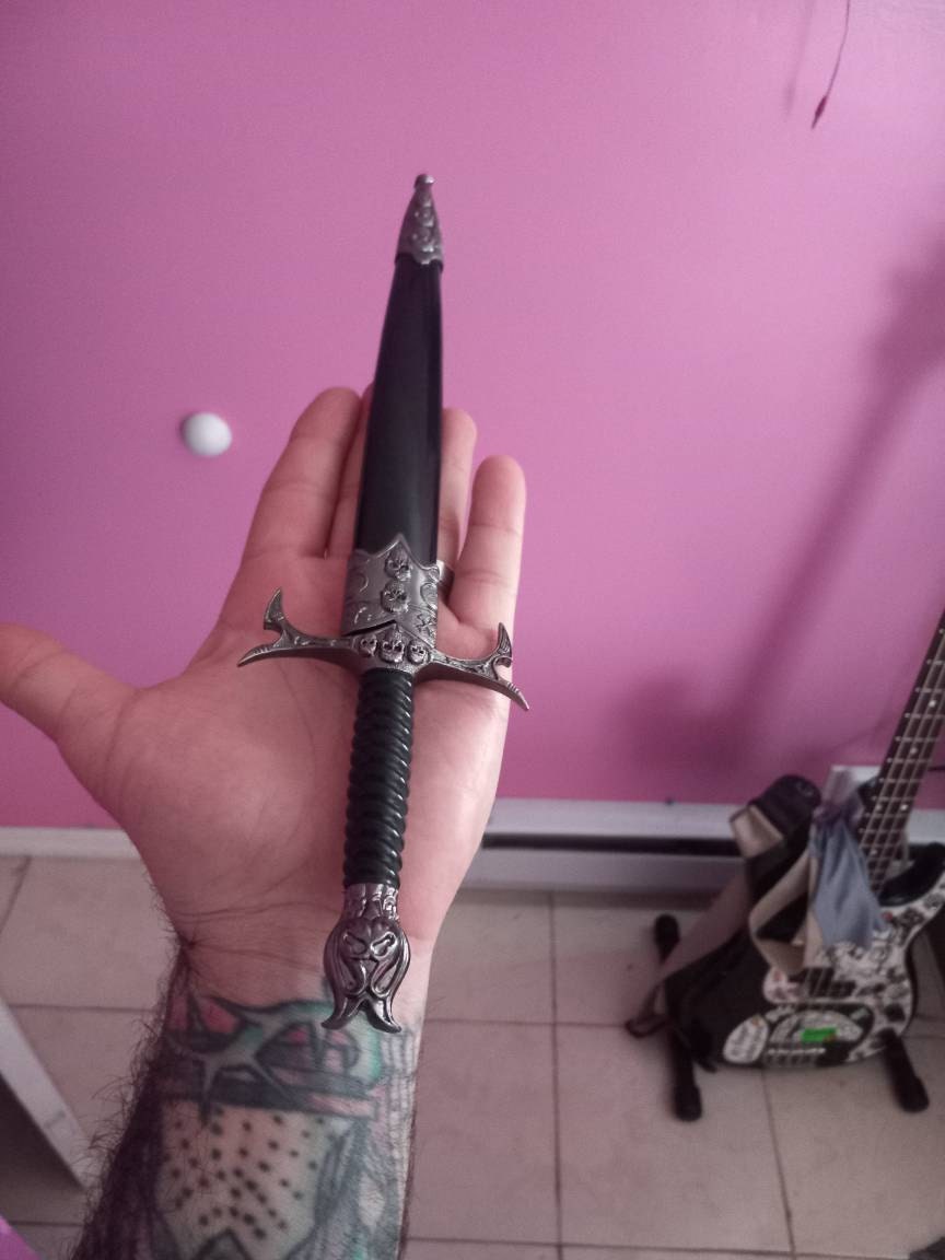 Black altar athame, adorned with skulls, matching sheath, ritual dagger with antique silver finish, 12-1/2" #20368