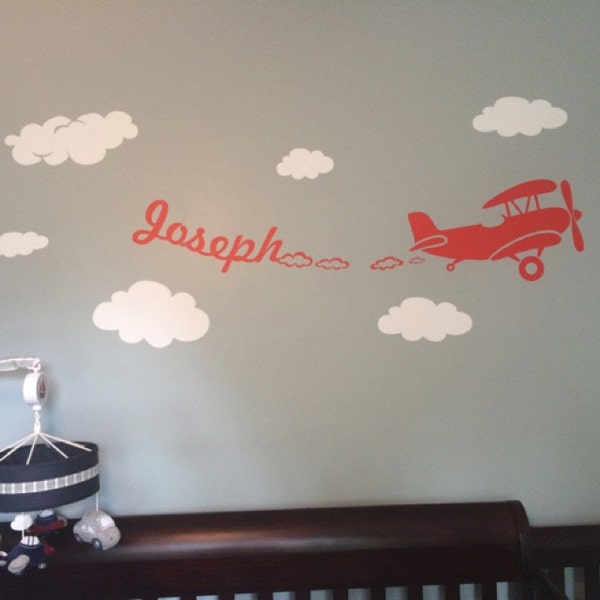 Personalized Boys Name Wall Decal, Airplane Boys Name Decal, Biplane ...