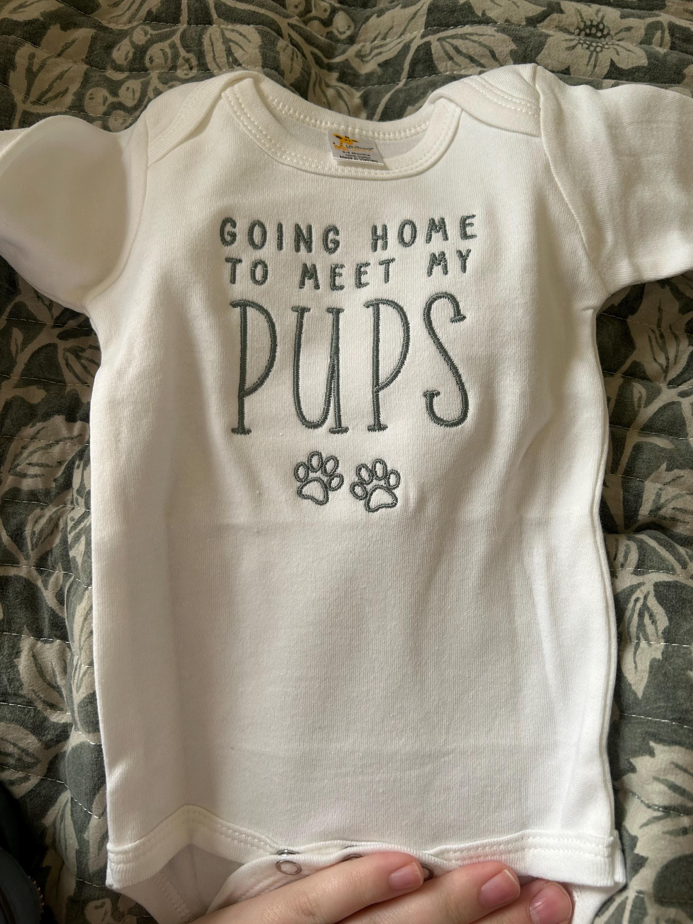 Embroidered Going Home to Meet My Pups Onesie® brand, New Best Friend Onesie, Personalized Dog Name Onesie, Dog Name Onesie, F45