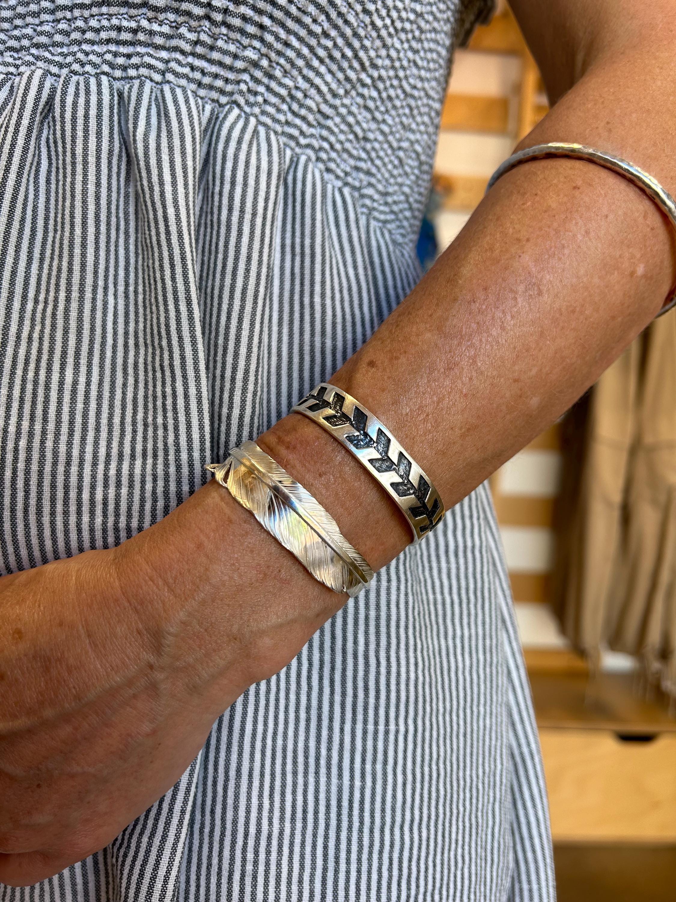 Sterling Silver Feather Bangle Bracelet – Handcrafted Boho Cuff