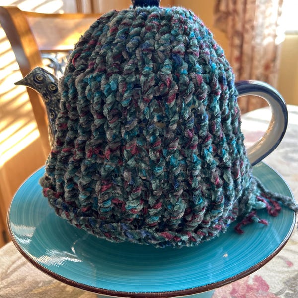 Knitted Stripe Wool Tea Cosy | Burnt Orange/Midnight main image 1