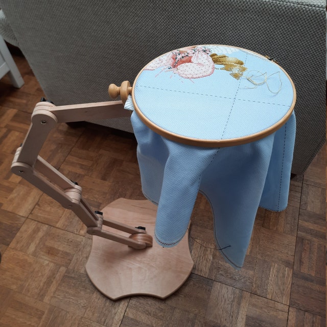 Nurge Adjustable Embroidery Table Stand and Embroidery Hoop Small-Medium ,  Cross Stitch Hoop Stand, Embroidery Hoop Holder. Hand Polished Natural Wood