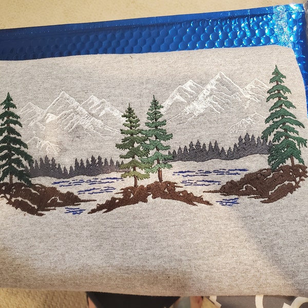 Forest Pine Trees and Mountains Lake Embroidery Design: Nature Scene ...