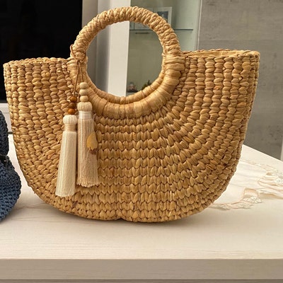 Small Straw Bag Cream Lining Weaving Seagrass Top Handle Bag Handmade ...