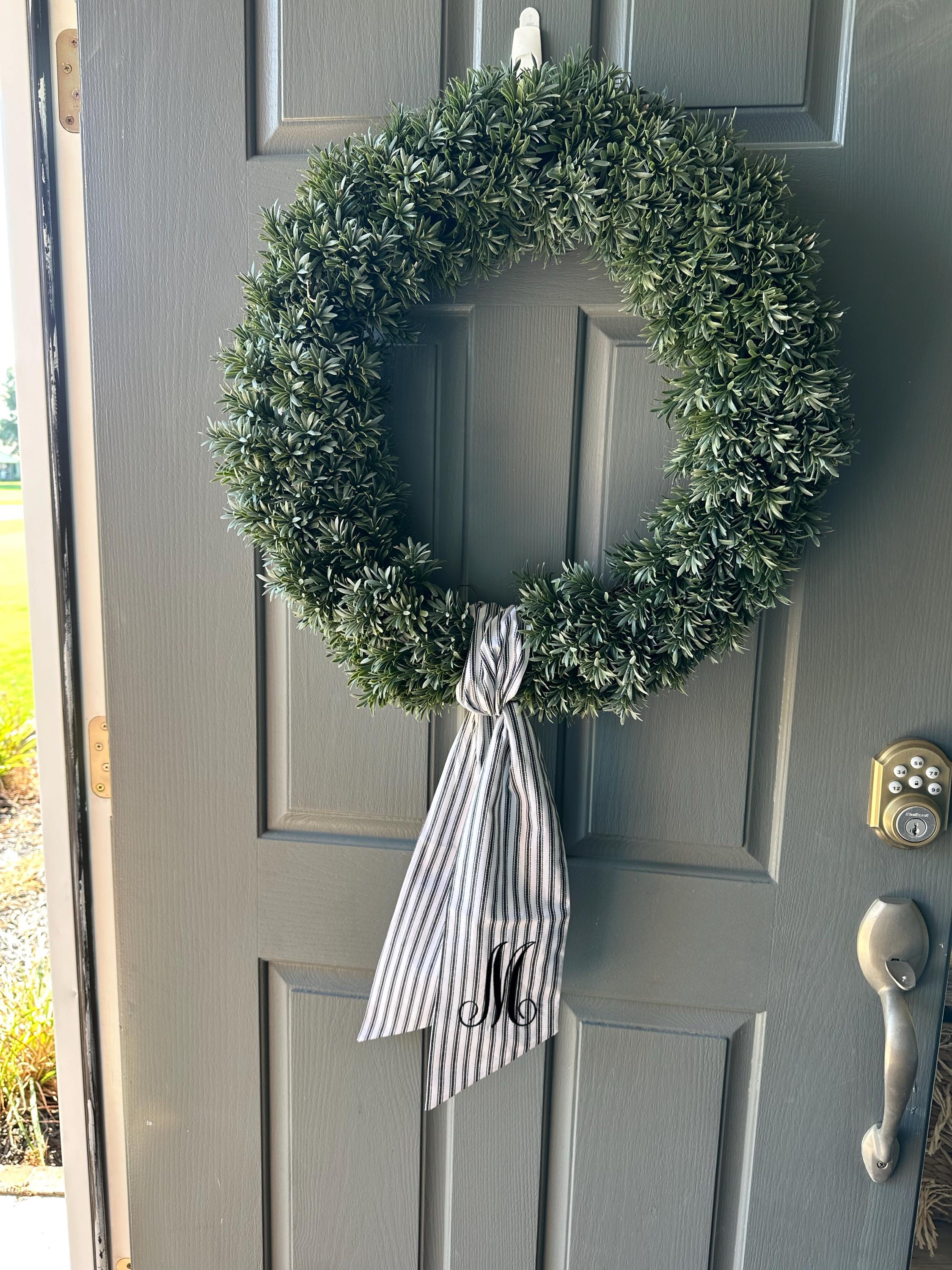 Personalized Black Ticking Stripe Wreath Sash for Front Door, Modern Farmhouse Decor, Striped Embroidered Scarf for Boxwood Wreath, Birthday Gift for Friend