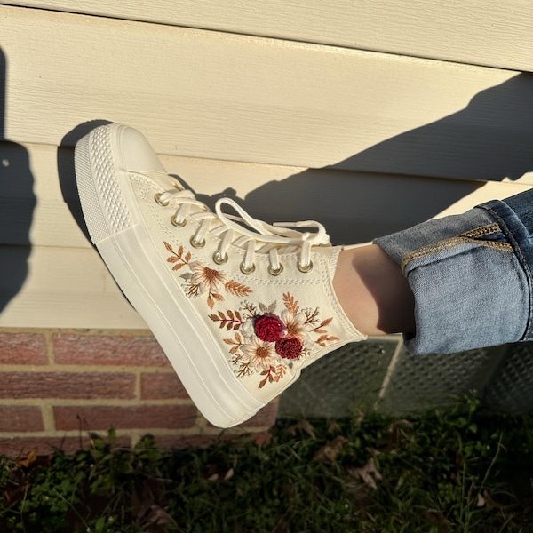 Wedding Converse for Bride, Fall Rustic Flower Embroidered Converse ...
