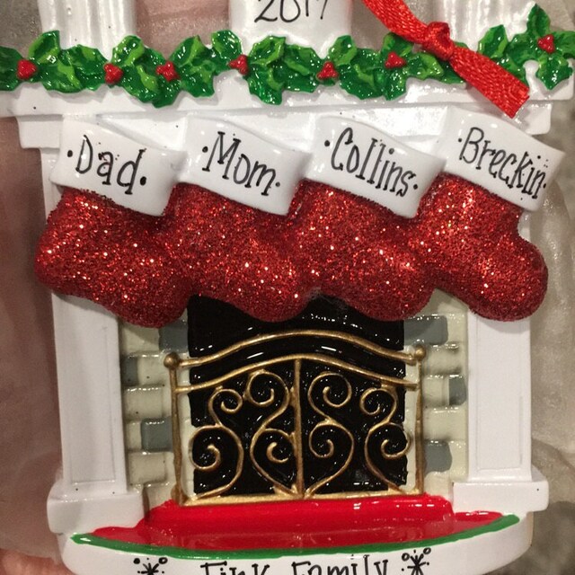 Personalized fireplace ornament with 3 stockings 4 Stockings by the Fireplace Ornament / Personalized Christmas | Etsy