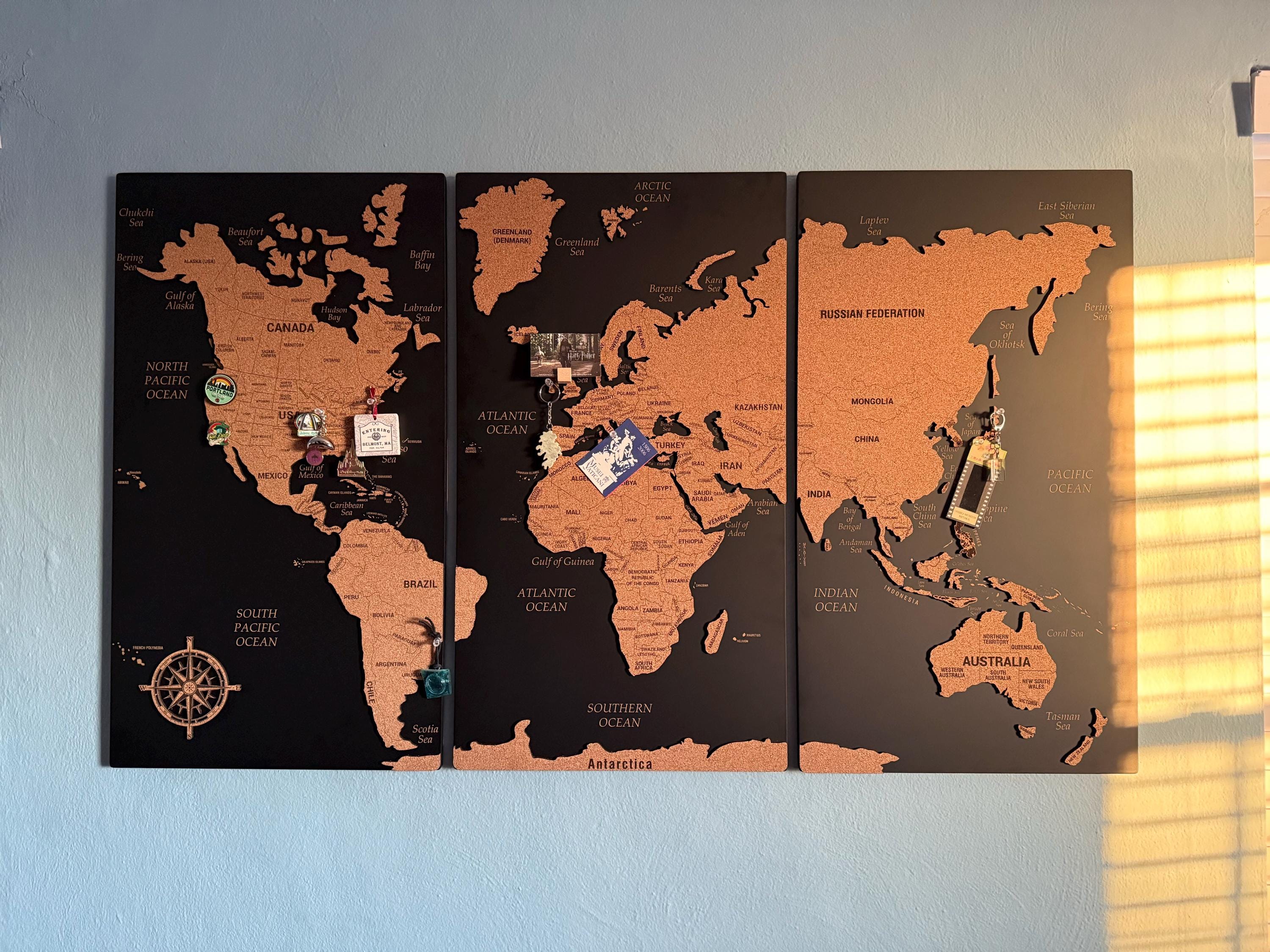 Wooden World Map Wall Art, Push Pin Travel World Map, Large Personalized World Map, Cork World Map Apartment Decor, 5th Anniversary Gift