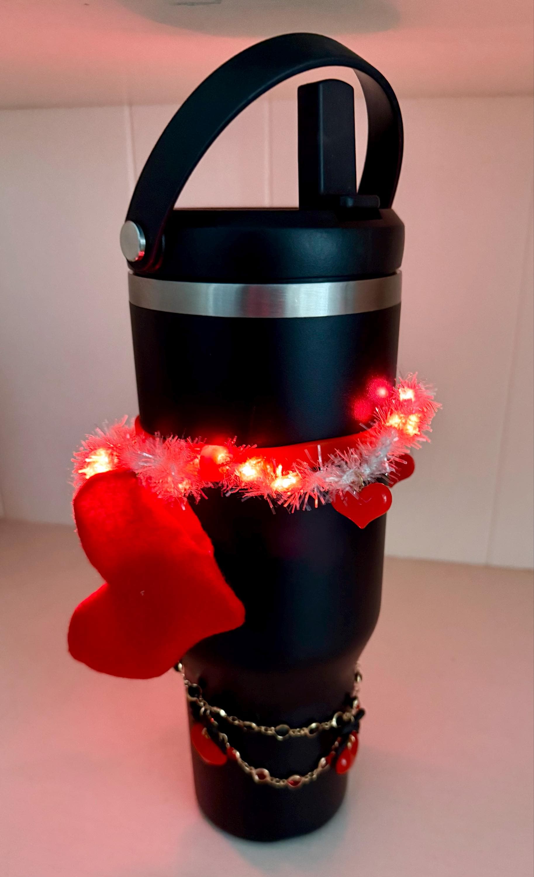 Light Up Valentine’s Day Garland | Tumbler or Water Bottle Charm | Red Pink Heart | Red and White Valentines Accessory | Pink Valentines Day