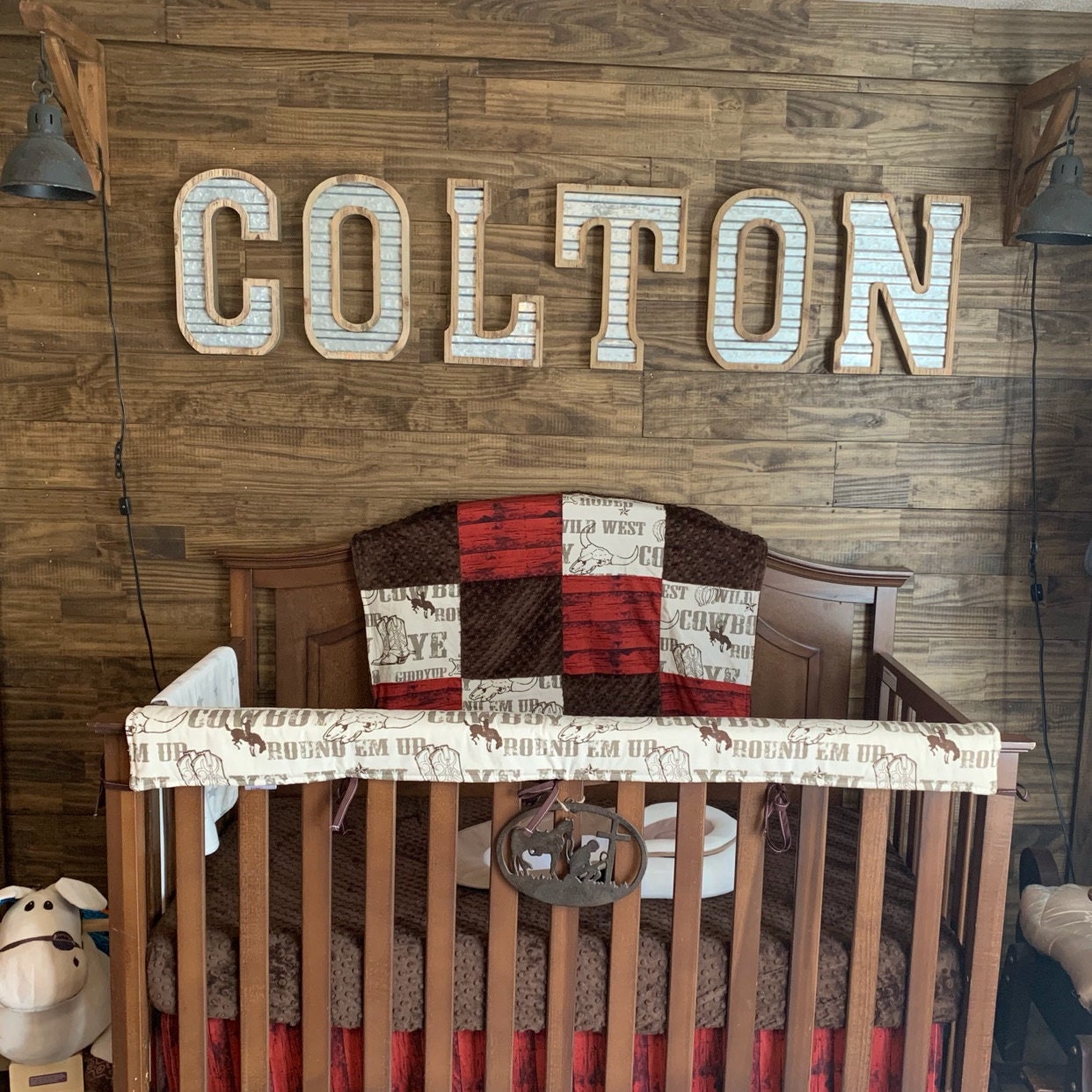 Brown Cowboy And Village Blue Chevron Crib Bedding Ensemble Cowboy
