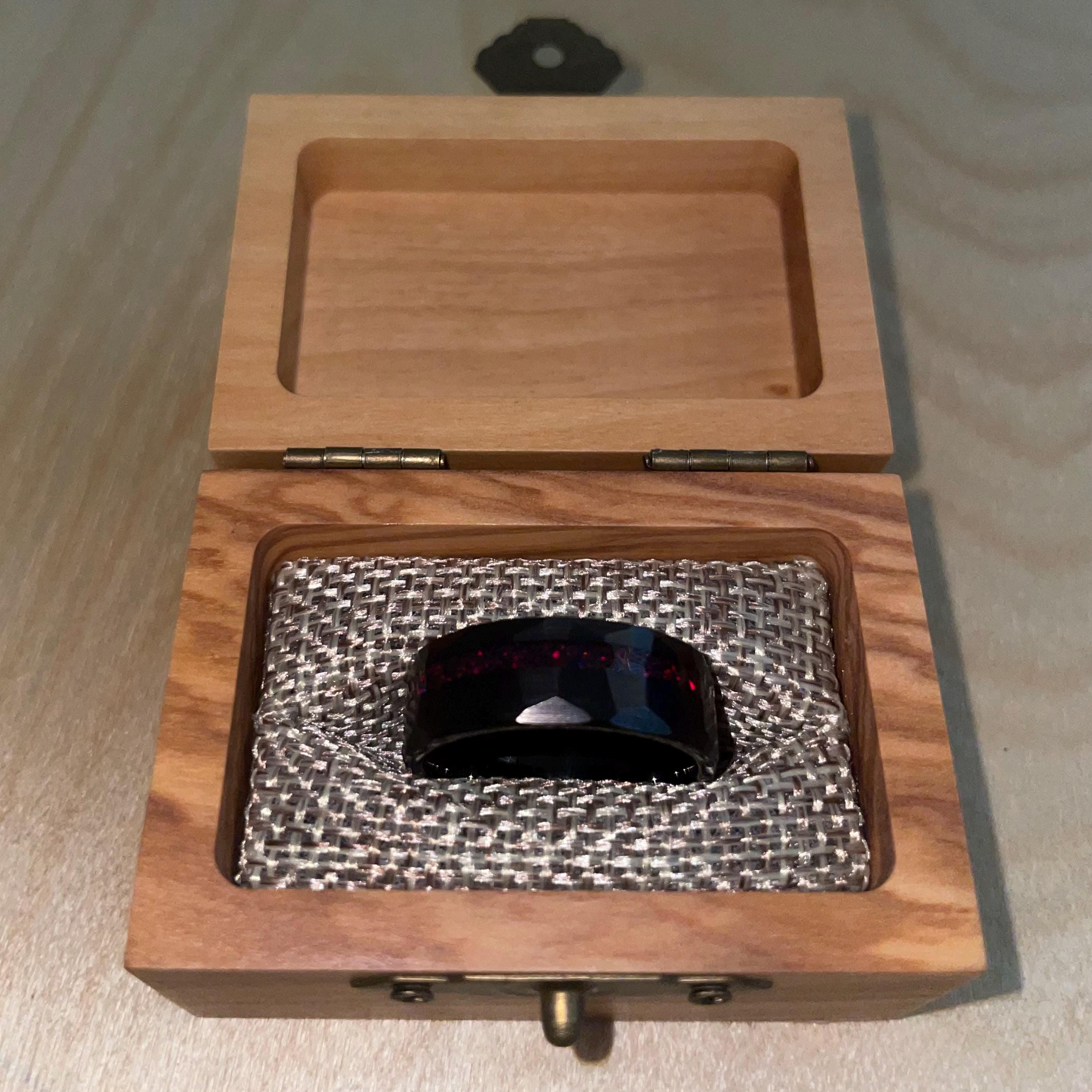 Black Hammered Wedding Band, Tungsten Ring With Red Opal Inlay, Unique Mens Ring, Crushed Red Opal Meteorite Band, Engagement or Gift 8mm