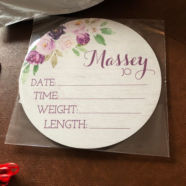 Purple Floral Birth Stats Round Wood Baby Name Sign Wooden Personalized ...
