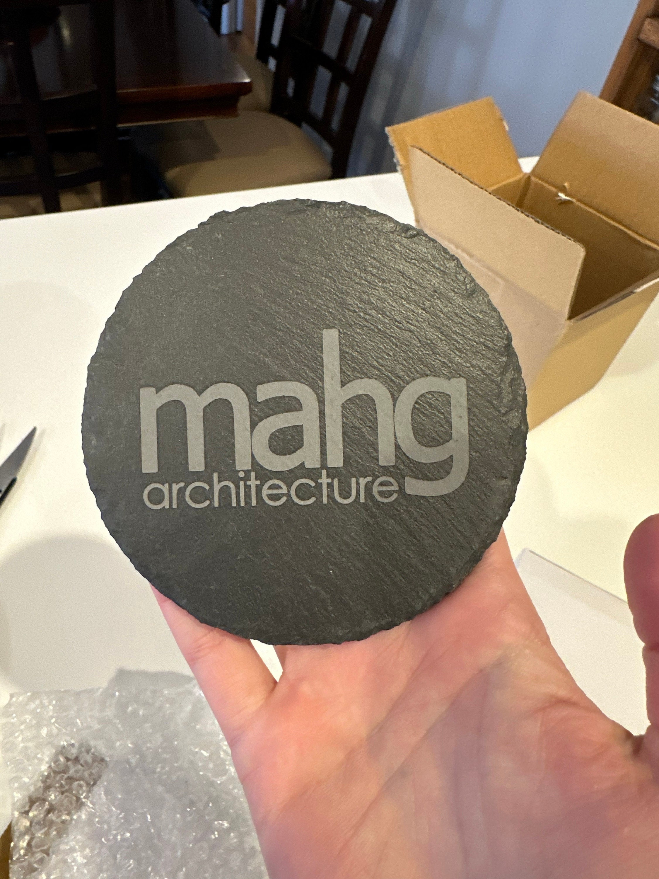 Customer photo of Custom Logo Engraved Slate Coaster from Julia