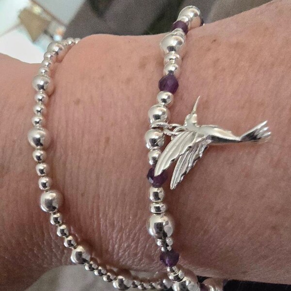 Sterling Silver 925 Stretch Beaded Stacking Bracelet With Tree Of Life Charm, 18cm, Jing Jewellery