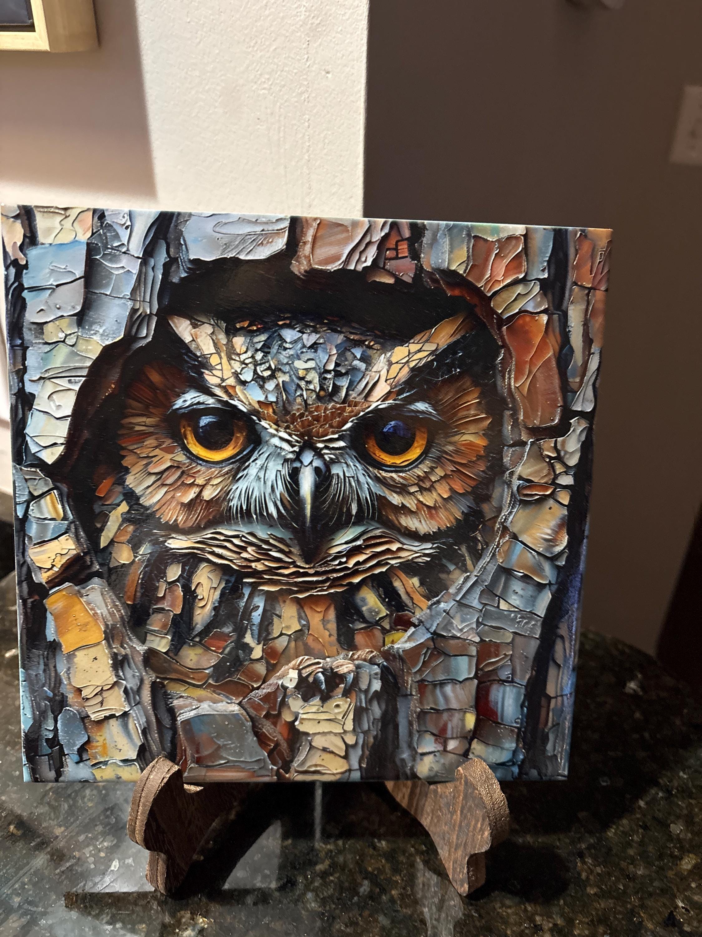 Owl in Hollow Tree Stained Glass Look Art on Glossy Ceramic Tile Decorative Gift Artful Mosaic Wall Decor
