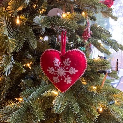 Classic Red Heart Ornament, Embroidered Wool Fair Trade Christmas Decor ...