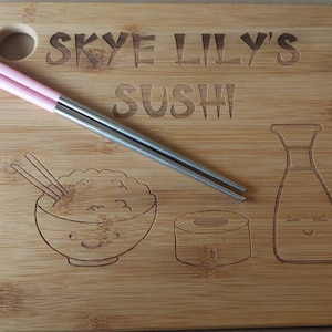 Personalised Sushi Gift Set. Serving Board & Reusable Chopsticks. Japanese,  Kawaii Style. 5 Colours. Sushi Lover Gift, Birthday, Christmas 