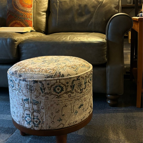 Round Faux Leather Ottoman Pouffe Footstool - 14" Diameter, 16" Height, Rivet Design, Red, Supports 330 Lbs