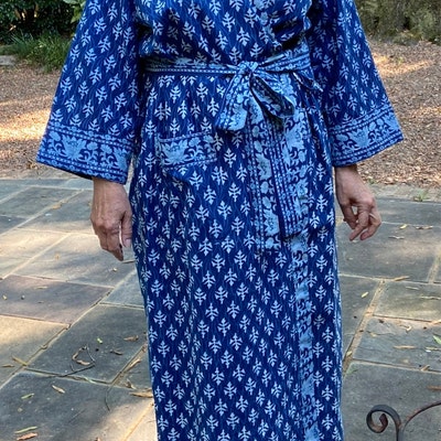 Indigo Cotton Kimono Robes for Women Indian Dressing Gown Unisex ...
