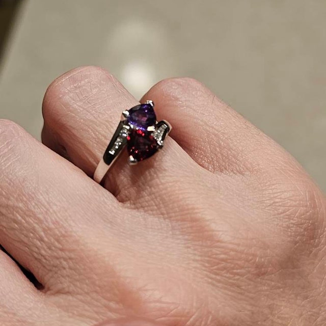 Amethyst Garnet Ring, White Gold, Engagement Ring, Trillion