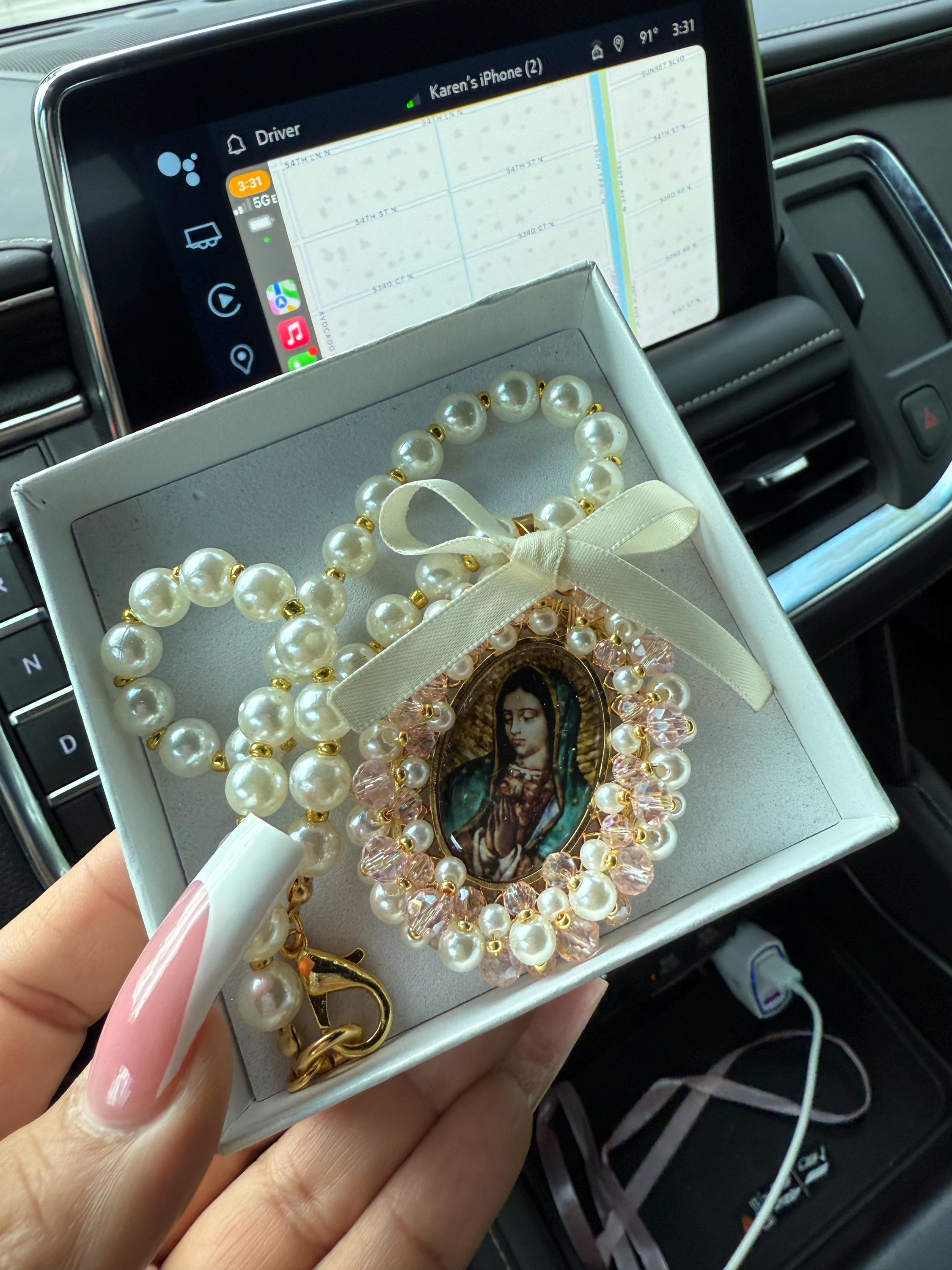 Virgin Mary Car Charm,Car Decoration, Car Accessories, Rear view Mirror,Car Blessings,Car Rosary,Baptism Gift,Religious Catholic,Car Charm