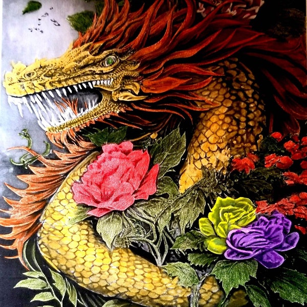 20 Flower Dragon Fantasy Coloring Page Book, Adults + Kids- Instant ...