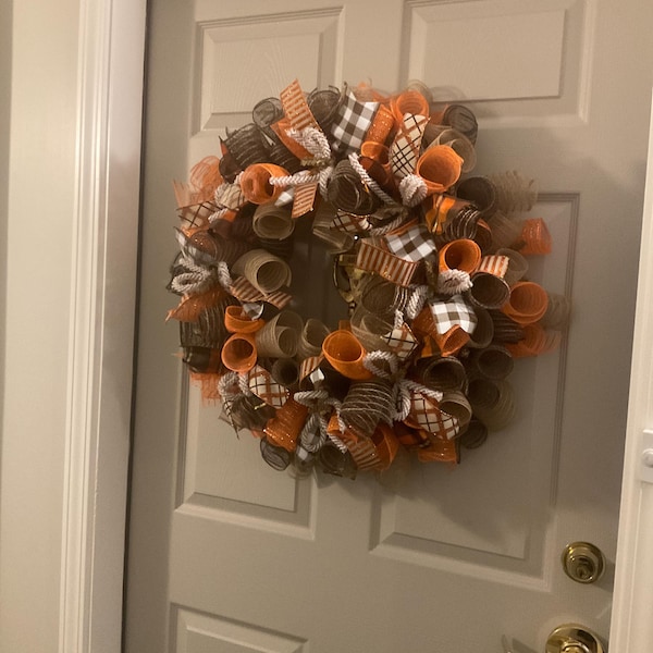 Fall Thanksgiving Mesh Front Door Wreath - Orange Brown Burlap Wreath ...