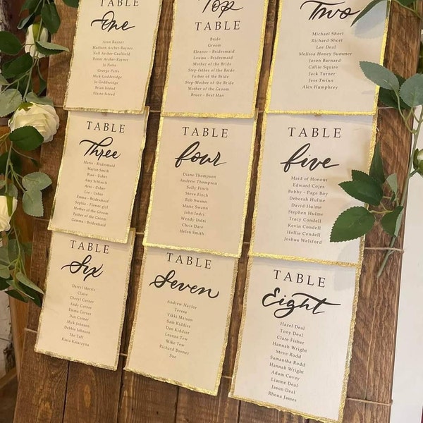 Table Plan Cards on Handmade Paper With or Withour Gold Leaf, Rose Gold ...