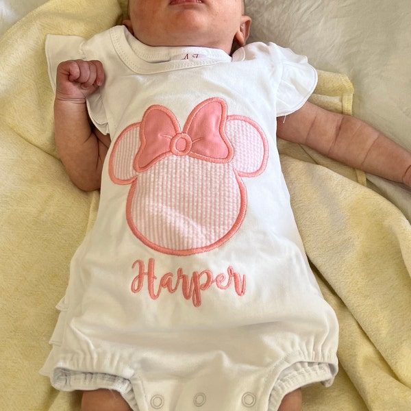 Disney Ruffle Romper, Baby Disney Outfit, Embroidered Pink Seersucker ...