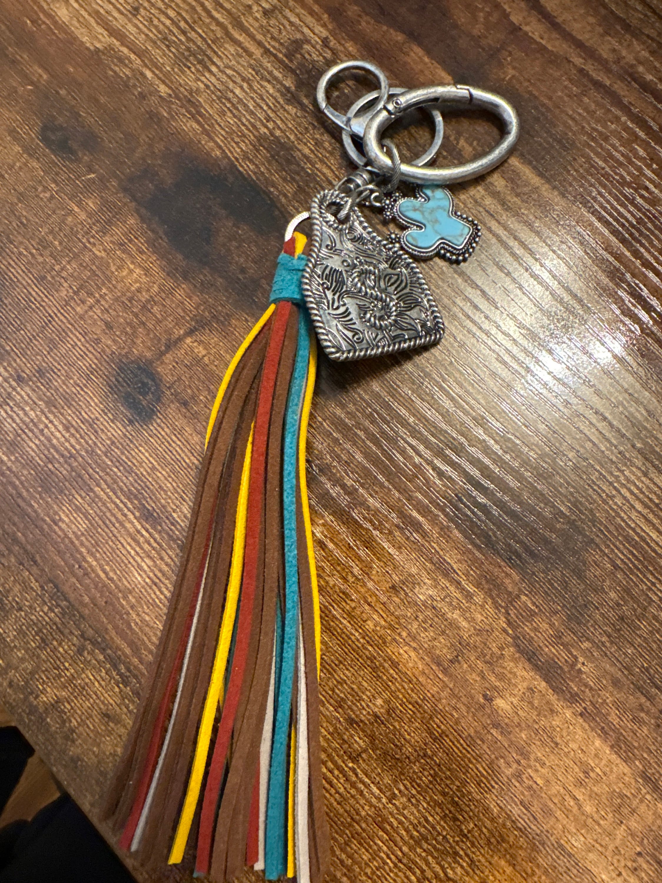 Initial Monogram Keychain/ Turquoise Charm/Initial Cattle Ear Tag Keychain/multi color tassel fringe keychain