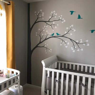 White Tree Wall Decal Huge Corner Tree With Leaves and Birds Nursery ...