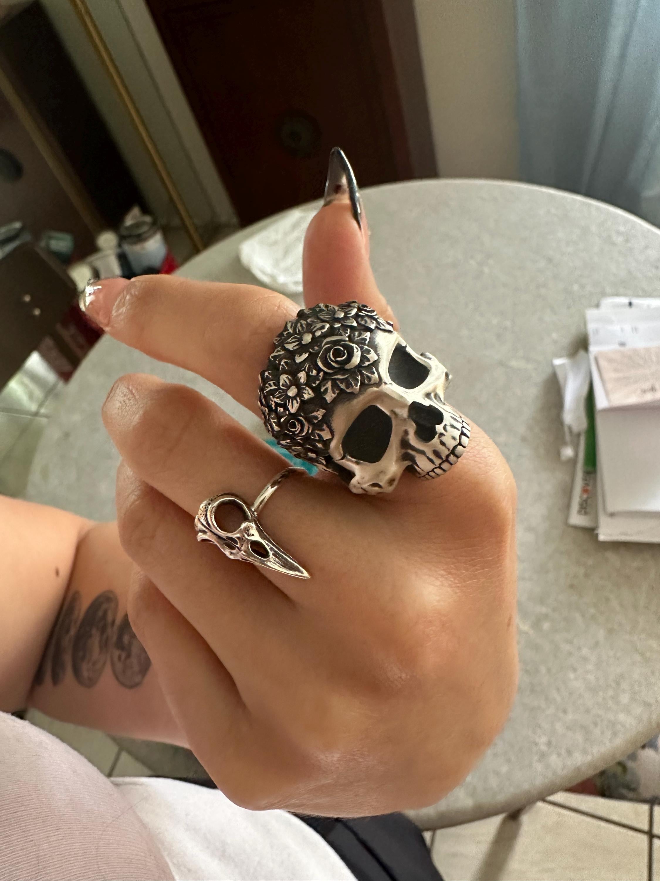Personalized Skull Ring With Roses, Men Gift Ring, Men Biker Ring, Gothic Skeleton Ring Art, Halloween Skulls