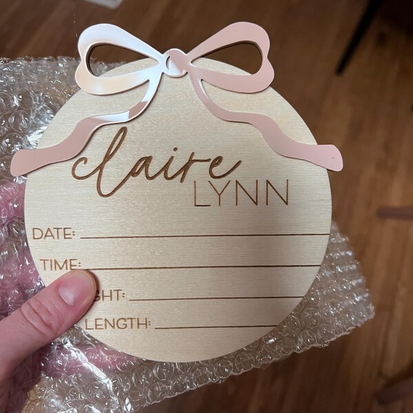 Bow Baby Announcement Sign With Birth Stats | Matching Name Plate ...