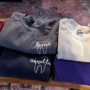 Personalized Dental-themed Embroidered Crewneck, Tooth Outline Embroidery, Dental Assistant and Dental Worker Gift,  Dental Student Gift