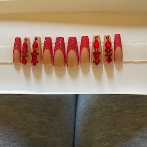 Red Glitter French Tip Nails Bling Nails Nude Nails Long Nails Glitter Nails  Valentine Nailsluxury Nails Red Nails Glam Nails 