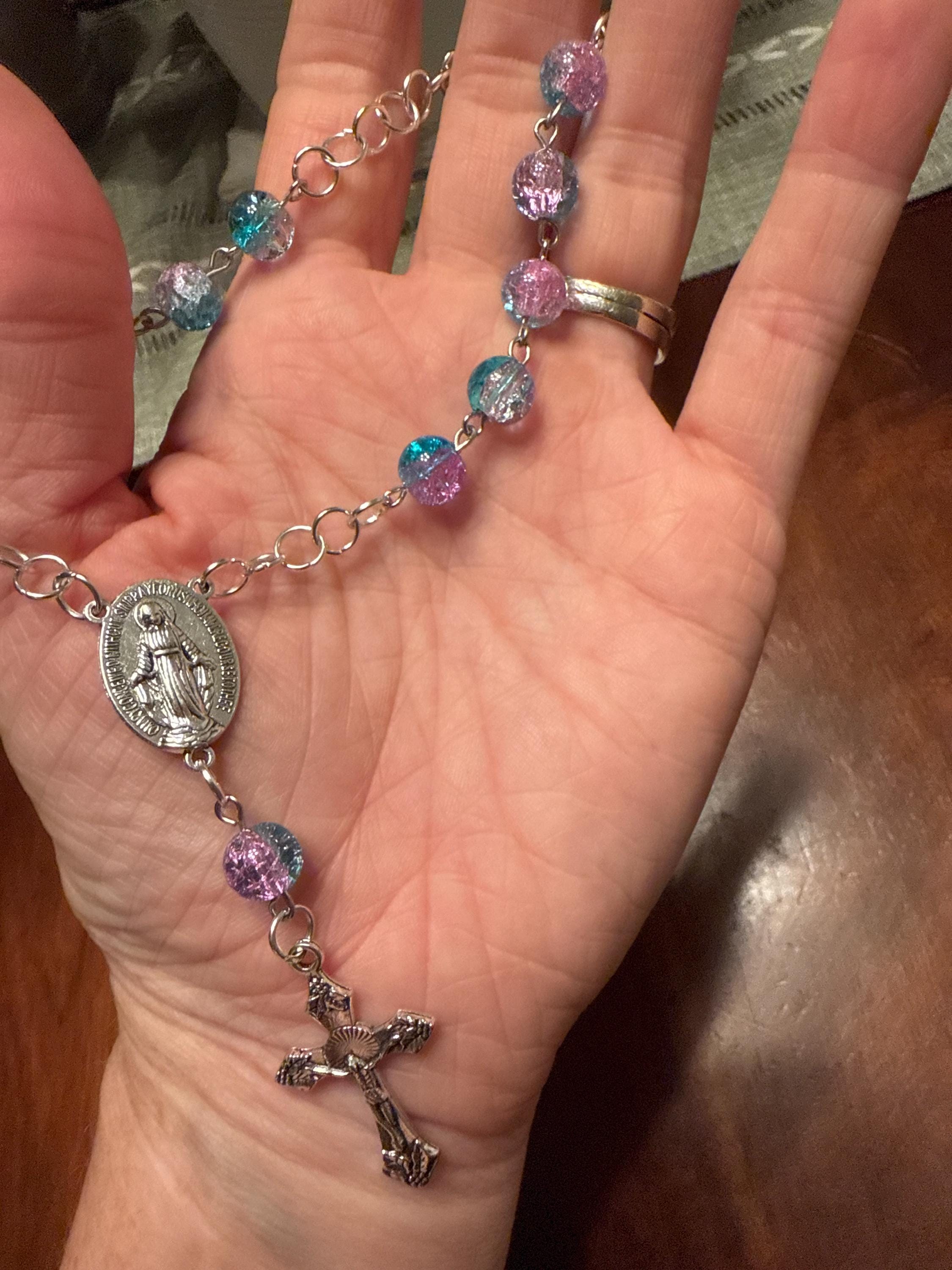 Rear View Mirror Car Rosary Beads - Antique Gold Cross Pendant - Car Protection Beads - New Glass Bead Colors!