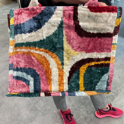 Multicolor Ikat Velvet Large Tote Bag with Pink, Orange and Blue Waves