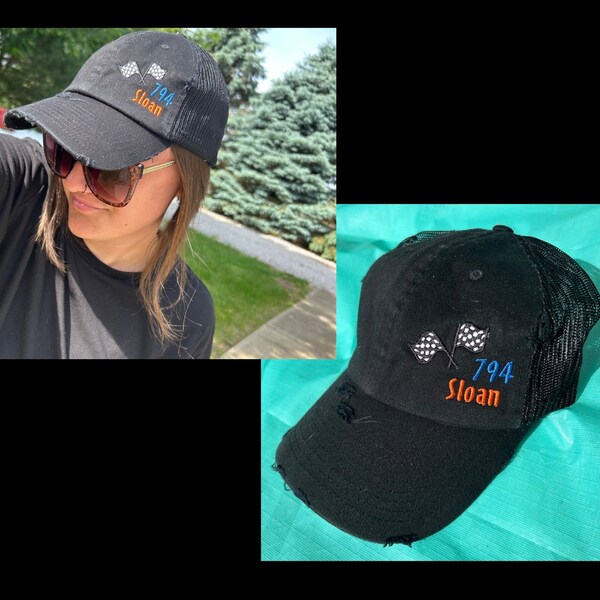 Custom Racing Hat | Distressed Baseball Cap OR Ponytail Hat | Checkered ...