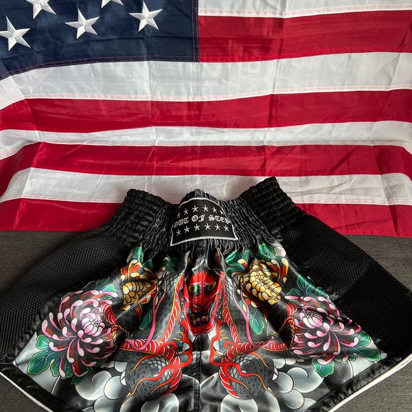 Japanese Red Geometric Print Pattern Muay Thai Boxing Shorts