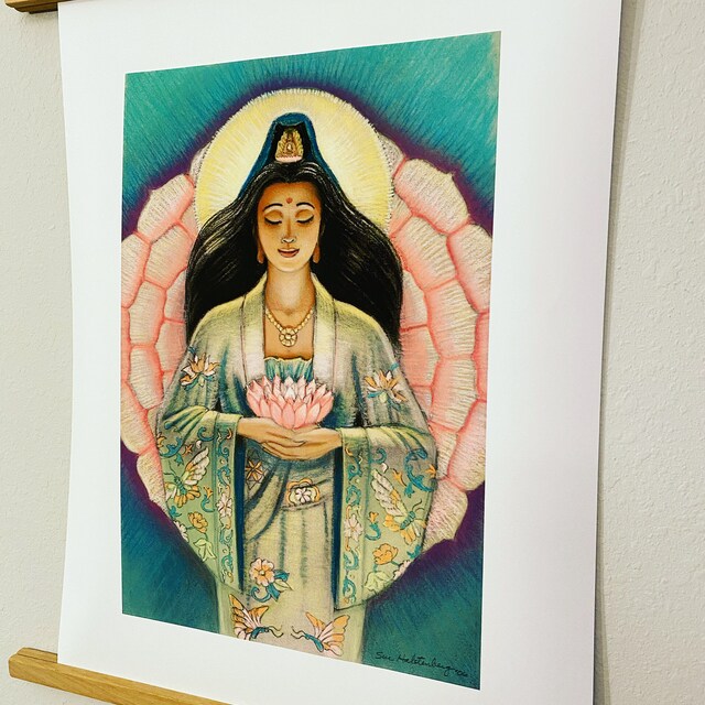 観音 ピンク 蓮の花 禅仏教 スピリチュアル 女神 アート ポスター 絵画