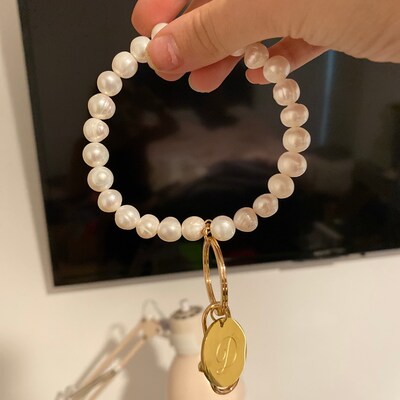 Natural Pearl Stone Wood Bangle Key Chain Beads Keychain Wristlet ...