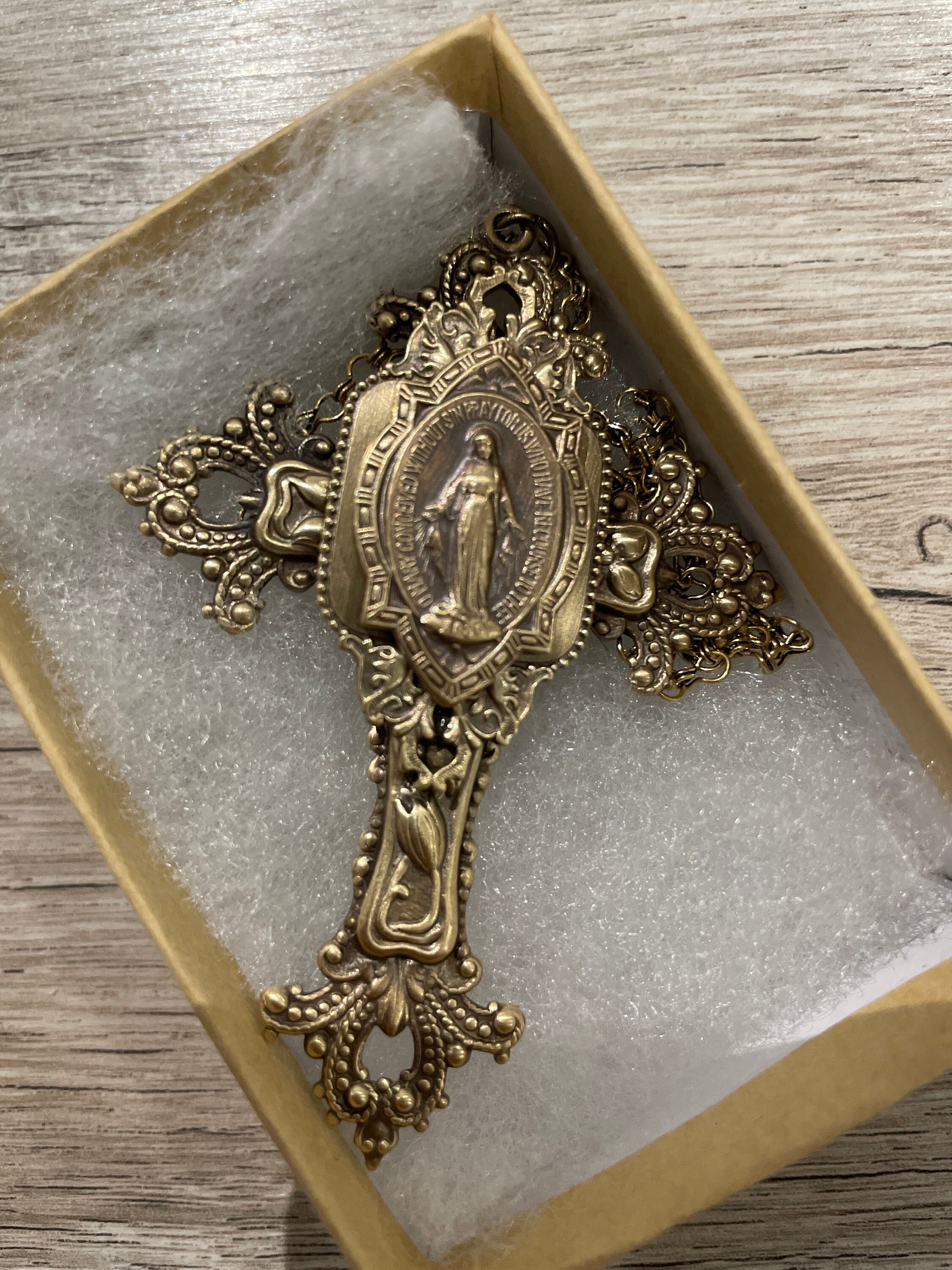 Vintage Jewelry - Large Cross Necklace - Mother Mary Necklace - Catholic Necklace - Brass Statement Necklace - Chloe&#39;s Vintage Jewelry