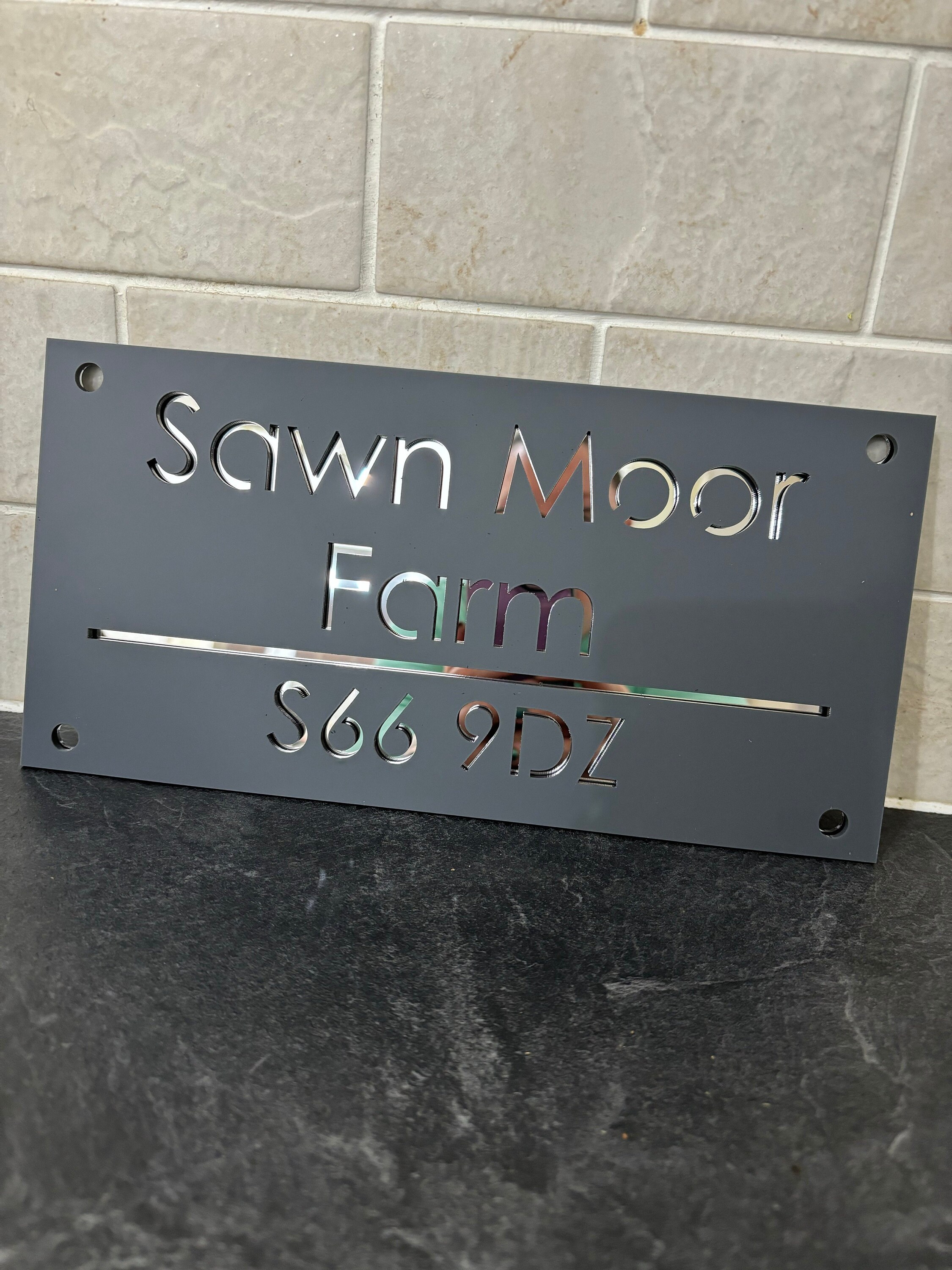 House Wall Plaques UK | Luxe A4 | Precision Laser Cut Acrylic House Number Sign | Matt Gray Anthracite & Silver Mirror | 280mm x 140mm