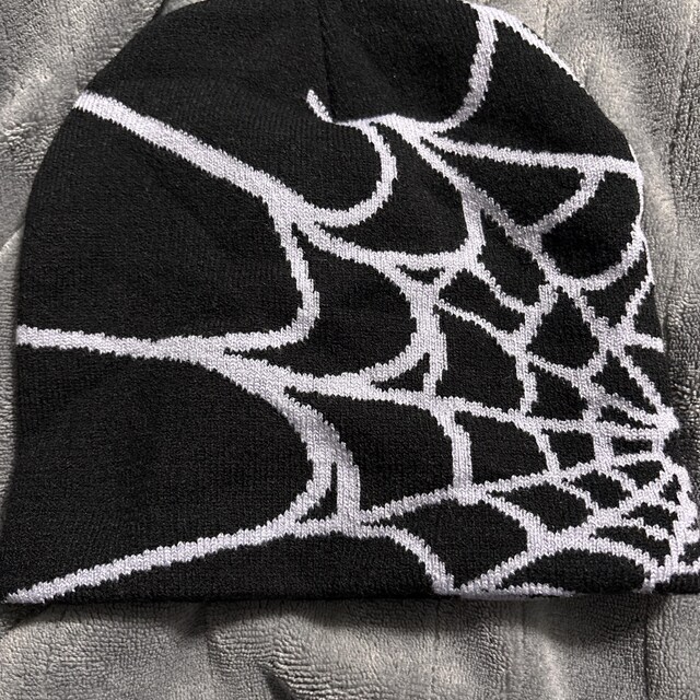 Vintage Brand New Y2K Black & Grey Spider Spinnenweb Beanie Mütze