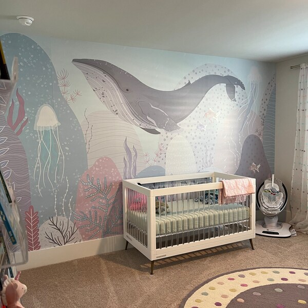 Blue Whale Wallpaper Ocean Motif Nursery Decor Removable Flying Whale ...