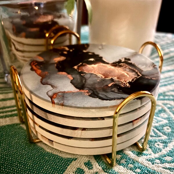 Absorbent Drink Coasters Set With Holder, Ceramic Floral Coasters ...