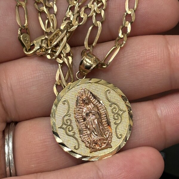 14k Solid Gold Virgin Mary Virgen Maria Lady Guadalupe Two Tone Round ...